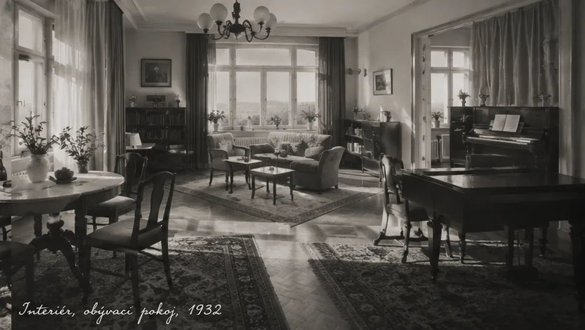 Dobový interiér Vily Emily, obývací pokoj v roce 1932
